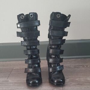 Black Strappy Women's Leather Boots